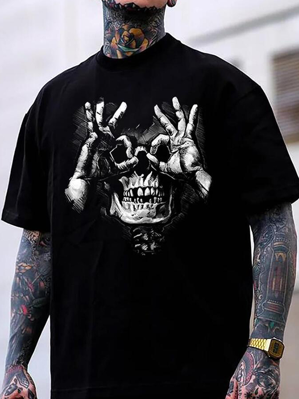 Skull with OK Pattern Graphic Casual Black Print T-shirt-2