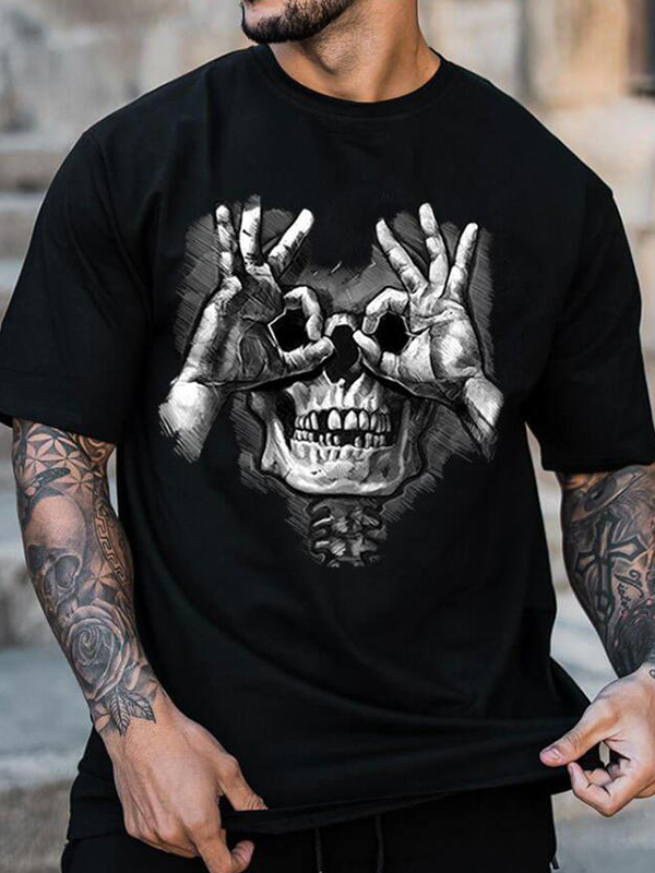 Skull with OK Pattern Graphic Casual Black Print T-shirt-1