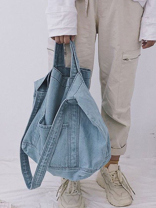Large Washed Denim Tote Bag-1