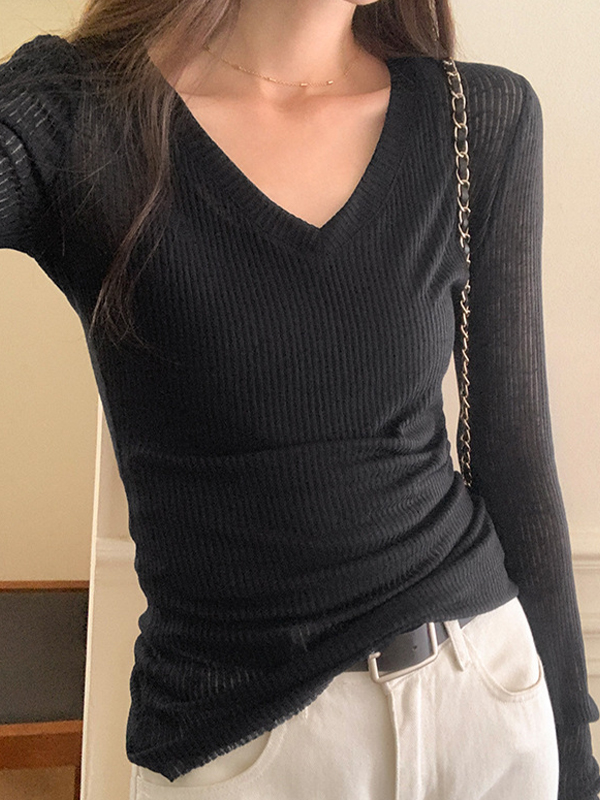 Ribbed V Neck Slim Long Sleeve Knit-3