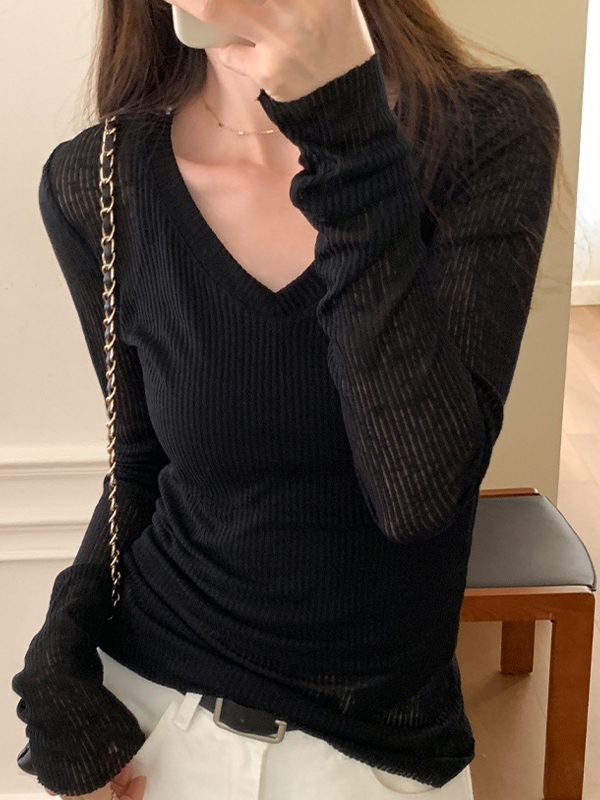 Ribbed V Neck Slim Long Sleeve Knit-2