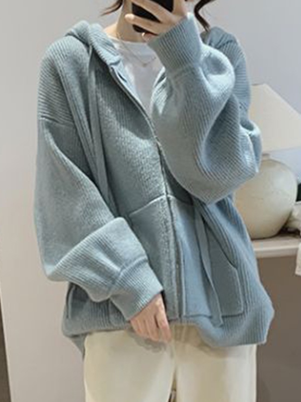 Solid Hooded Zip Up Knit Cardigan-4